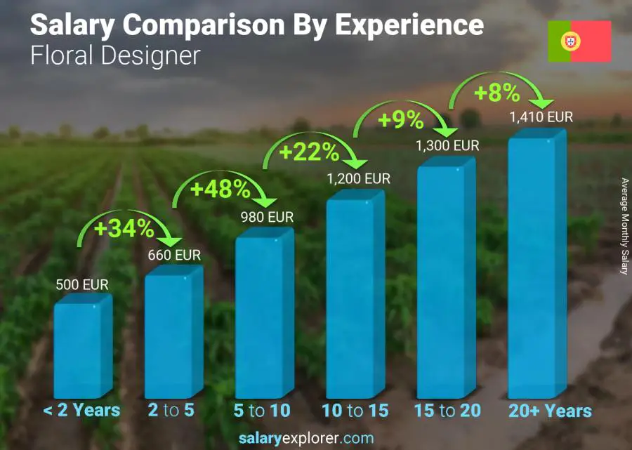 Comparación de salarios por años de experiencia mensual Portugal diseñador floral